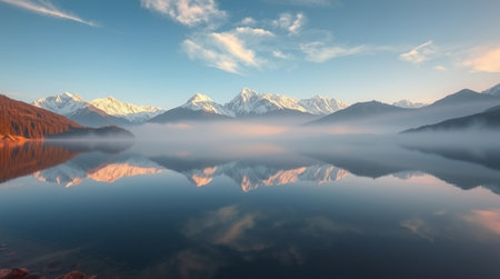 Panoramic view of the mountain lake at sunrise. Caucasus, Russiaの写真素材