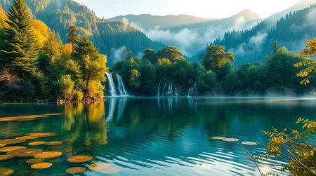 Autumn landscape with lake and waterfallの写真素材