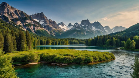 Panoramic view of alpine lake and Dolomites mountainsの写真素材