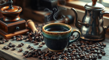 Coffee grinder and cup of coffee on a wooden table.の写真素材