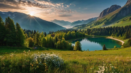 Panoramic view of idyllic alpine lakeの写真素材