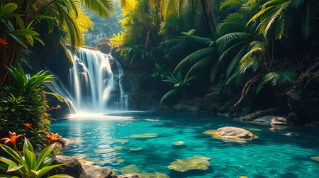 Beautiful waterfall in tropical forest with palm trees and blue sky.