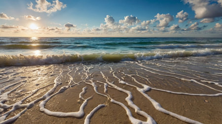 Beautiful seascape with waves on the beach at sunset.