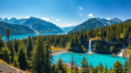 Panoramic view of turquoise lake in the mountainsの写真素材