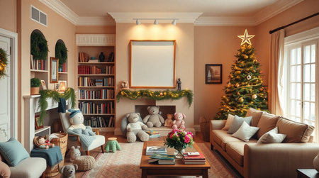 Interior of living room with Christmas tree, sofa and armchairの写真素材