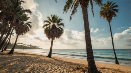 Palm trees on a tropical beach with blue sky and white clouds