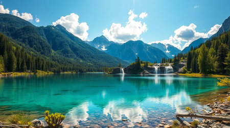 Panoramic view on beautiful alpine lake with crystal clear turquoise water and mountains in...