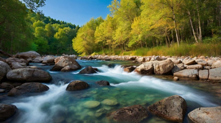 Mountain river in autumn forest. Panoramic view of the mountain river.