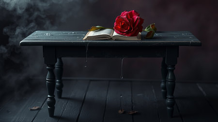 Red rose and a book on a wooden table with a dark backgroundの写真素材