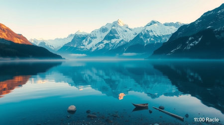 Mountain lake with a boat and snow-capped peaks at sunsetの写真素材