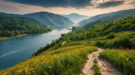 Panoramic view of the river and mountains. Beautiful summer landscape.の写真素材