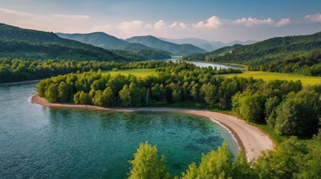 Aerial view of beautiful lake in mountains. Beautiful summer landscape with river and forest