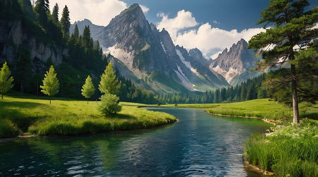 Panoramic view of the mountain lake