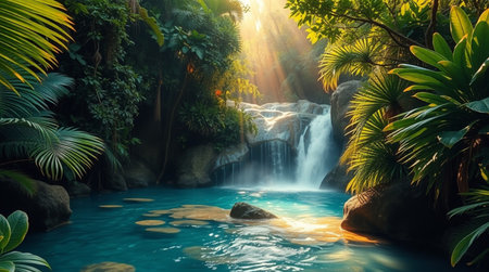 Waterfall in tropical forest with sunlight. Nature and environment concept.の写真素材