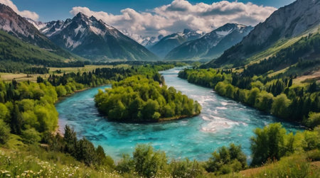 Panoramic view of the Katun river in the Altai mountainsの写真素材
