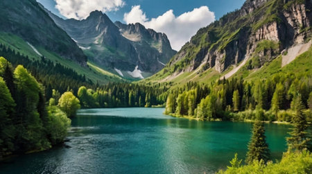 Panoramic view of alpine lake in the mountains. Beautiful summer landscape.の写真素材
