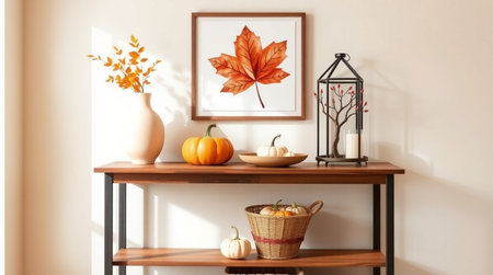 Wooden shelf with pumpkins, candles and autumn leaves in room