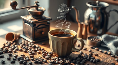 Coffee cup and coffee beans on a wooden table near the windowの写真素材