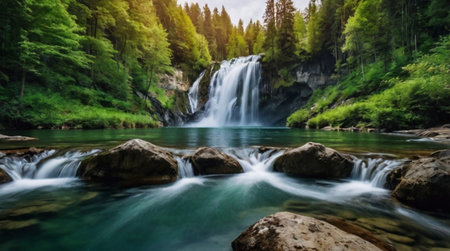 Beautiful waterfall in the forest. Panoramic view of the mountain river.