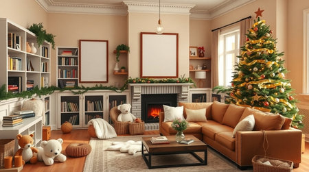 3D rendering of a living room with a Christmas tree and fireplaceの写真素材