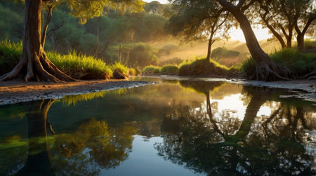 Reflection of the sun in the river, South Africaの写真素材