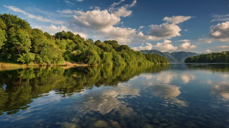Panoramic view of the river and the forest on the shoreの写真素材