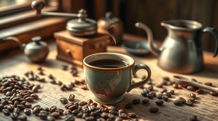 Cup of coffee and beans on wooden table, closeup viewの写真素材