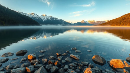 Mountain lake at sunrise. Canadian Rockies, Alberta, Canada.