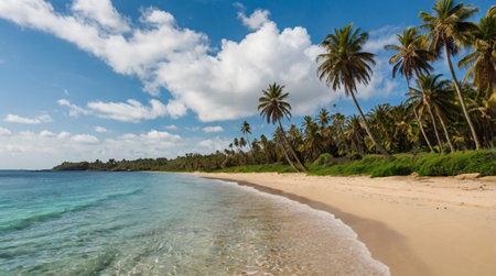 Panoramic view of a beautiful tropical beach with coconut palm trees.