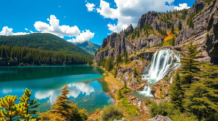 Waterfall in the Canadian Rockies. The concept of active and photo tourismの写真素材