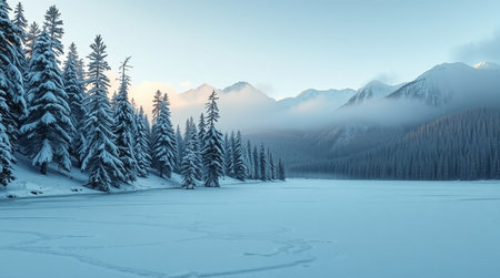 Beautiful winter landscape with frozen lake and mountains in the background. Panoramaの写真素材