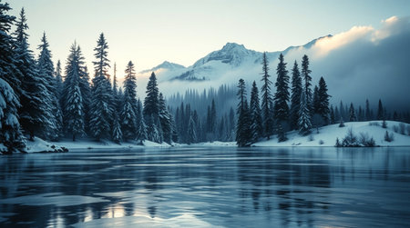 Beautiful winter landscape with mountain lake and snow covered pine trees.の写真素材
