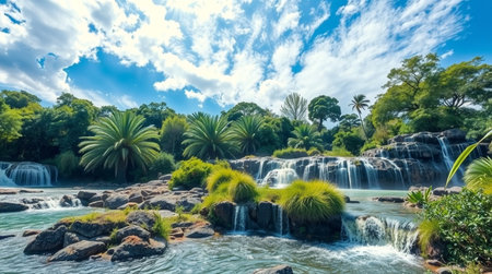 Panoramic view of beautiful waterfall in tropical forest. Nature backgroundの写真素材