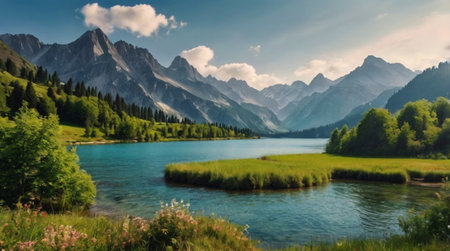 Panoramic view of the mountain lake in the Alps, Austriaの写真素材