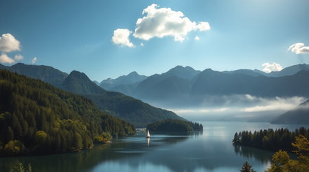 panoramic view of the lake and mountains in the morning mistの写真素材