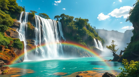 Panoramic view of beautiful waterfall with rainbow in the blue skyの写真素材