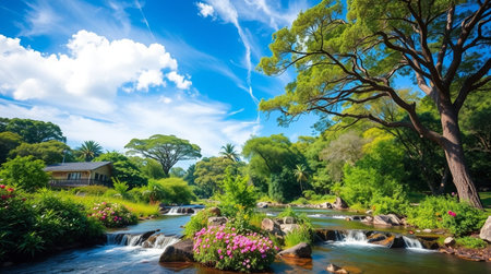 Panoramic view of a beautiful park with a waterfall, trees and flowersの写真素材