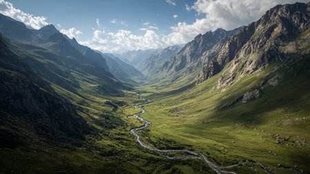 Panoramic view of the valley in the Caucasus Mountains, Georgiaの写真素材