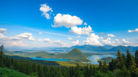 Panoramic view of mountain lake in the summer. Mountain landscape.の写真素材