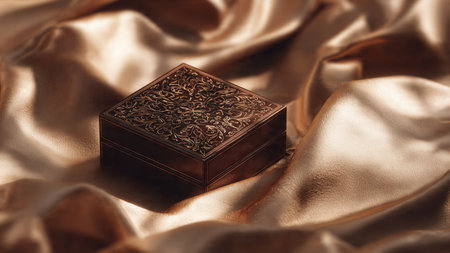 Wooden box on golden satin background, close-up.の写真素材