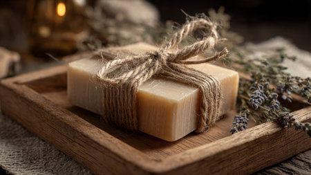 Natural handmade soap with lavender on rustic wooden background, selective focusの写真素材