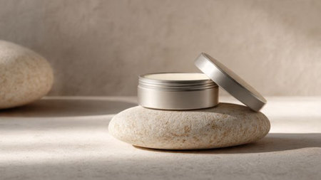 Jar of cream on stones in sunlight. Beauty and skin care conceptの写真素材