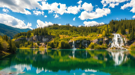 Beautiful mountain lake with crystal clear water and forest on the backgroundの写真素材
