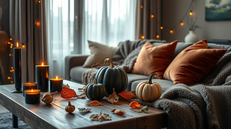 Cozy living room interior with burning candles, pumpkins and autumn leavesの写真素材