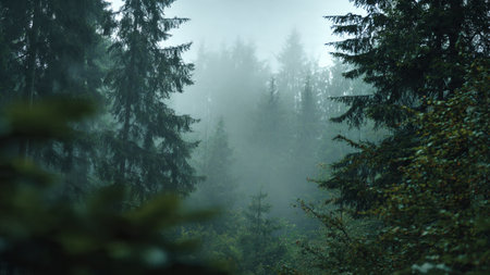 Foggy forest with trees in the foreground and fog in the backgroundの写真素材