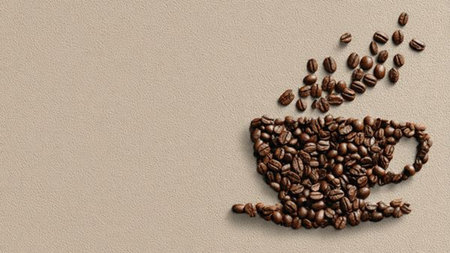 Coffee cup with coffee beans on a beige background.の写真素材