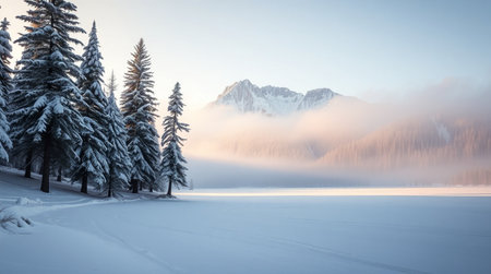 Foggy winter landscape with frozen lake and snow covered fir treesの写真素材