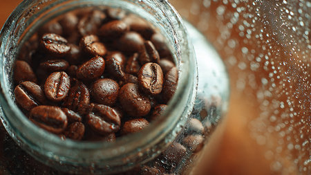 Coffee beans in a glass jar on a wooden background.の写真素材