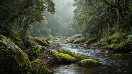Mossy rocks in a stream in the rainforest of Ecuadorの写真素材