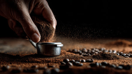 Coffee grinder and coffee beans on rustic wooden backgroundの写真素材
